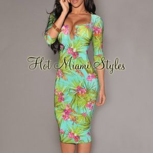 Green Multi-Color Tropical Floral Leaves Midi Padded Dress, Size Medium, NWT